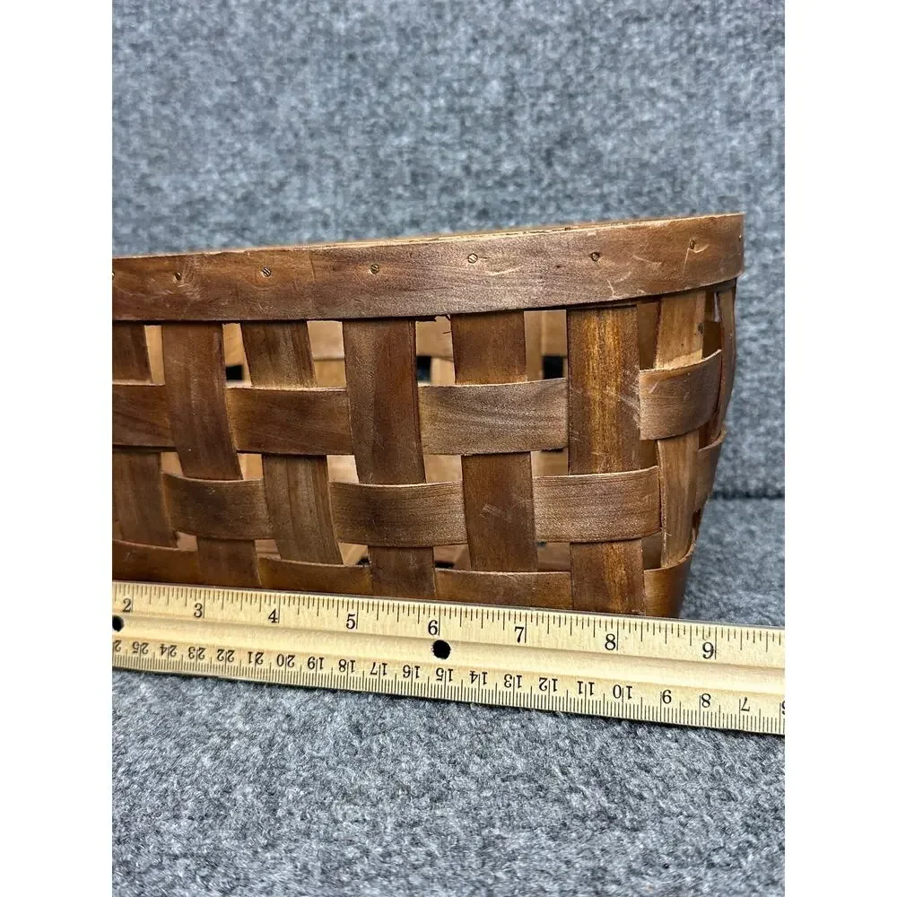 Vintage handmade woven split wood basket 9”rustic farmhouse storage nailed rim